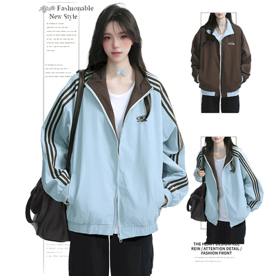 DUSK双面穿三条杠外套女春秋新款美式立领运动情侣夹克棒球服上衣