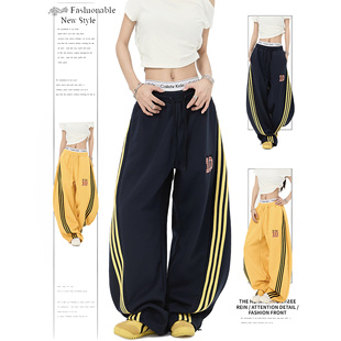 女宽松跳舞爵士舞阔腿休闲运动裤 DUSK美式 街头条纹三条杠弯刀卫裤