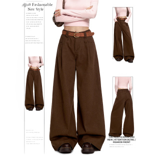 长裤 女春秋高腰复古松紧褶皱小个子咖色阔腿裤 直筒牛仔裤 DUSK美式