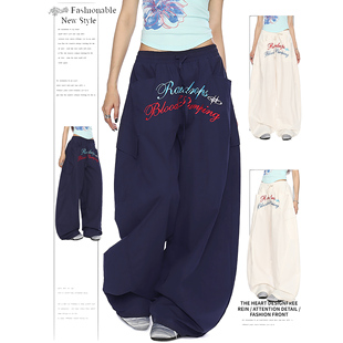 潮 女夏设计感宽松阔腿弯刀裤 DUSK美式 复古辣妹字母刺绣阔腿休闲裤