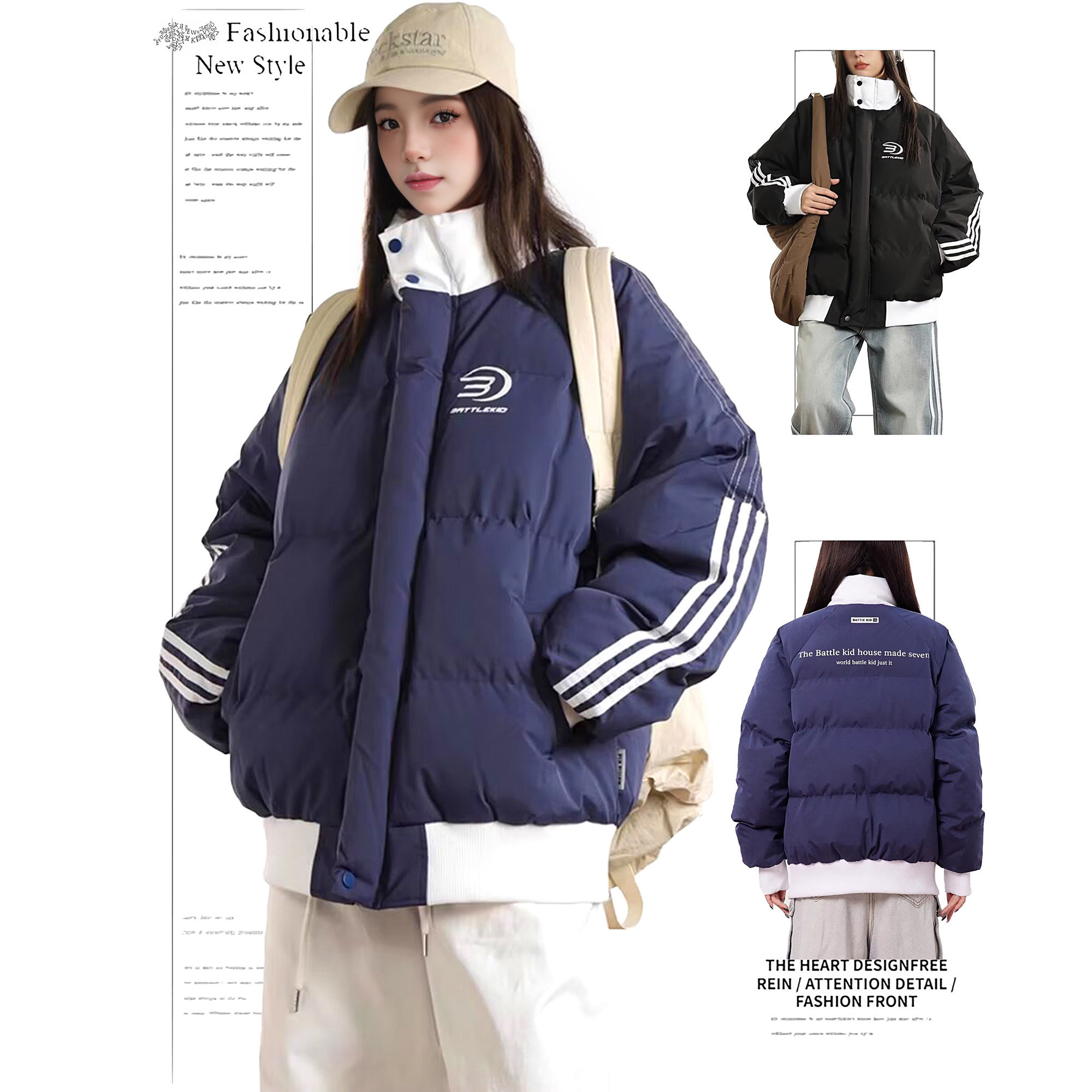 DUSK美式高街头复古条纹加厚棉衣面包羽绒棉服外套女情侣冬季棉袄