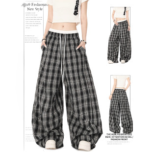 子 女爵士舞双腰头拼接宽松阔腿长裤 DUSK美式 复古慵懒风百搭格子裤
