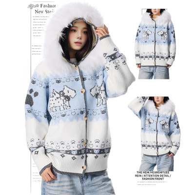 DUSK原创美式复古毛领提花连帽针织开衫百搭弗尔岛小狗毛衣外套女