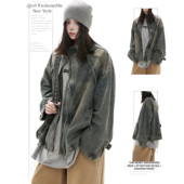 立领开衫 DUSK美式 复古高街做旧牛仔外套女春秋新款 宽松夹克上衣潮