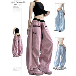 垂感宽松百搭阔腿休闲裤 女夏季 子 街头字母刺绣条纹弯刀裤 DUSK美式