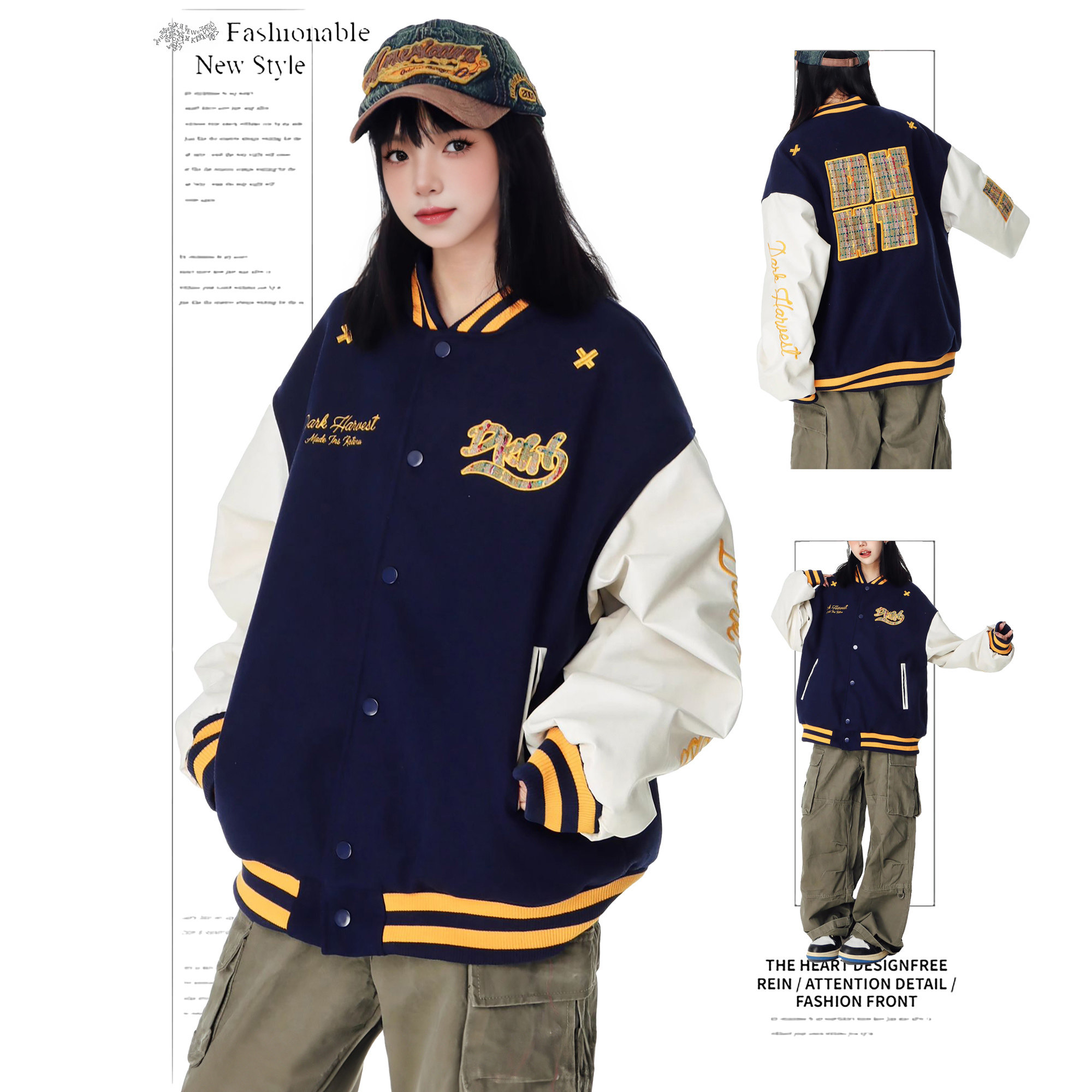 DUSK美式潮牌棒球服春秋插肩撞色刺绣女高街宽松休闲小众夹克外套