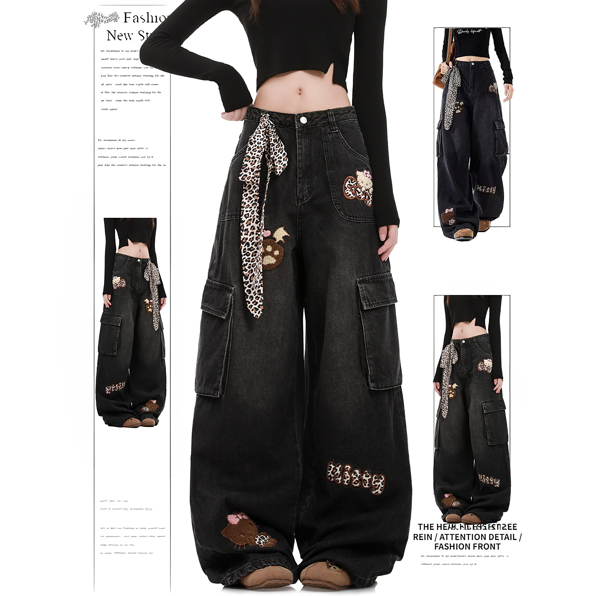 DUSK豹纹Kitty猫工装牛仔裤女春秋直筒裤水洗多口袋刺绣阔腿裤子,女装/女士精品,牛仔裤,淘宝优惠券,粉丝福利购,淘宝优惠卷
