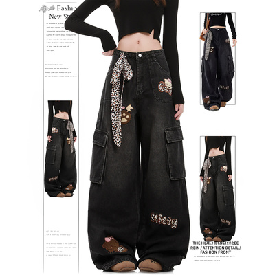 DUSK豹纹Kitty猫工装牛仔裤女春秋直筒裤水洗多口袋刺绣阔腿裤子