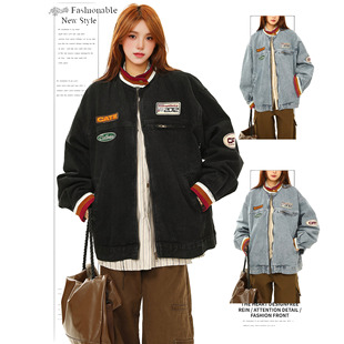 DUSK美式 宽松潮牌夹克 复古街头撞色拼接立领机车牛仔外套女春秋季