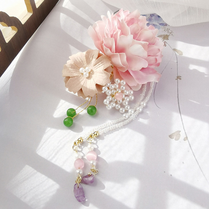 多色牡丹绢花米珠流苏边夹珍珠古装配饰宋制仙气少女对夹古风发饰