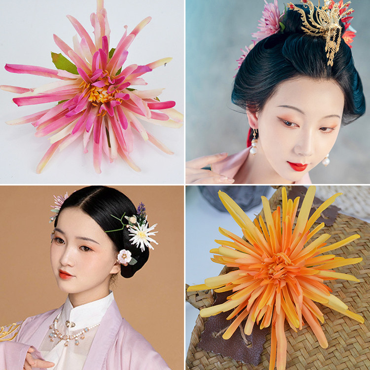 宋制发饰蟹爪菊绢花头饰后压发夹三件套装汉服配饰古风饰品边夹女