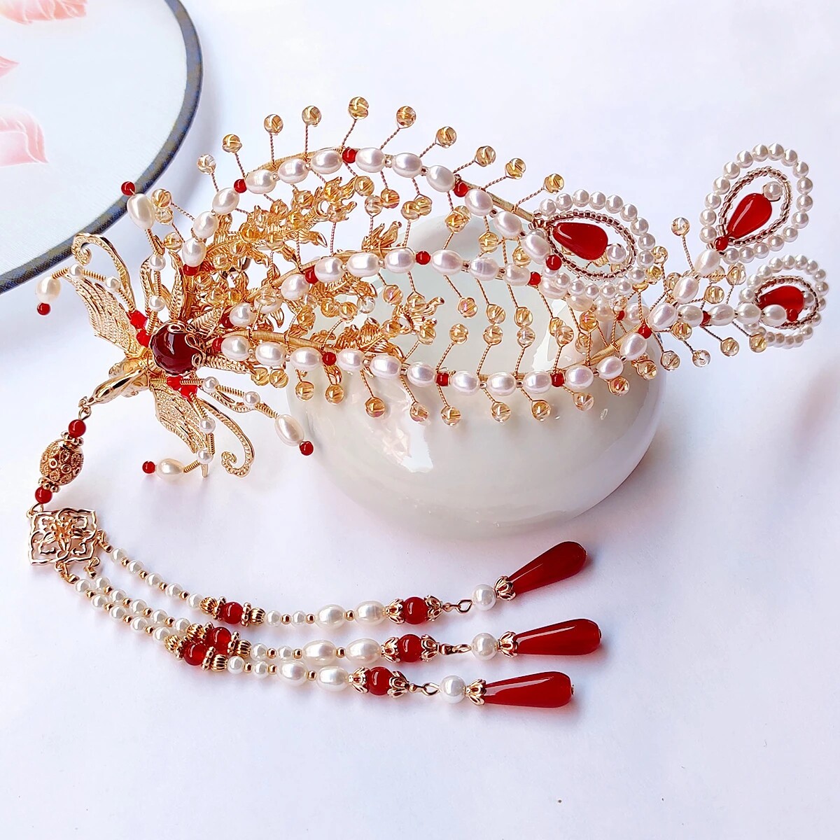 新款汉服头饰偏凤钗珍珠手工纯铜保色高配古装配饰发簪金丝凤发饰