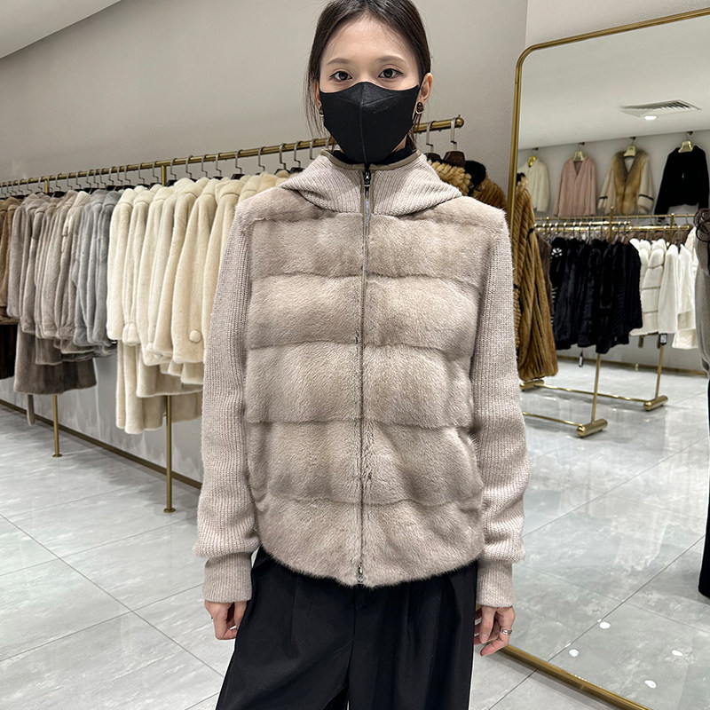 进口天鹅绒水貂拼羊绒立领连帽整貂休闲百搭外套皮草女2024冬新款