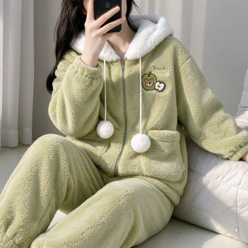 卡通长毛绒睡衣女冬季连帽加绒加厚保暖可外穿长袖家居服拉链套装
