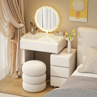 轻奢小户型实木梳妆台卧室带灯斗柜一体迷你60cm奶油化妆桌收纳柜
