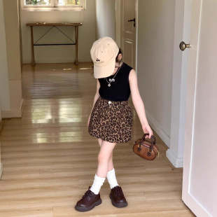 夏季女童套装宝宝洋气儿童个性潮牌韩版时髦字母背心T恤豹纹短裙