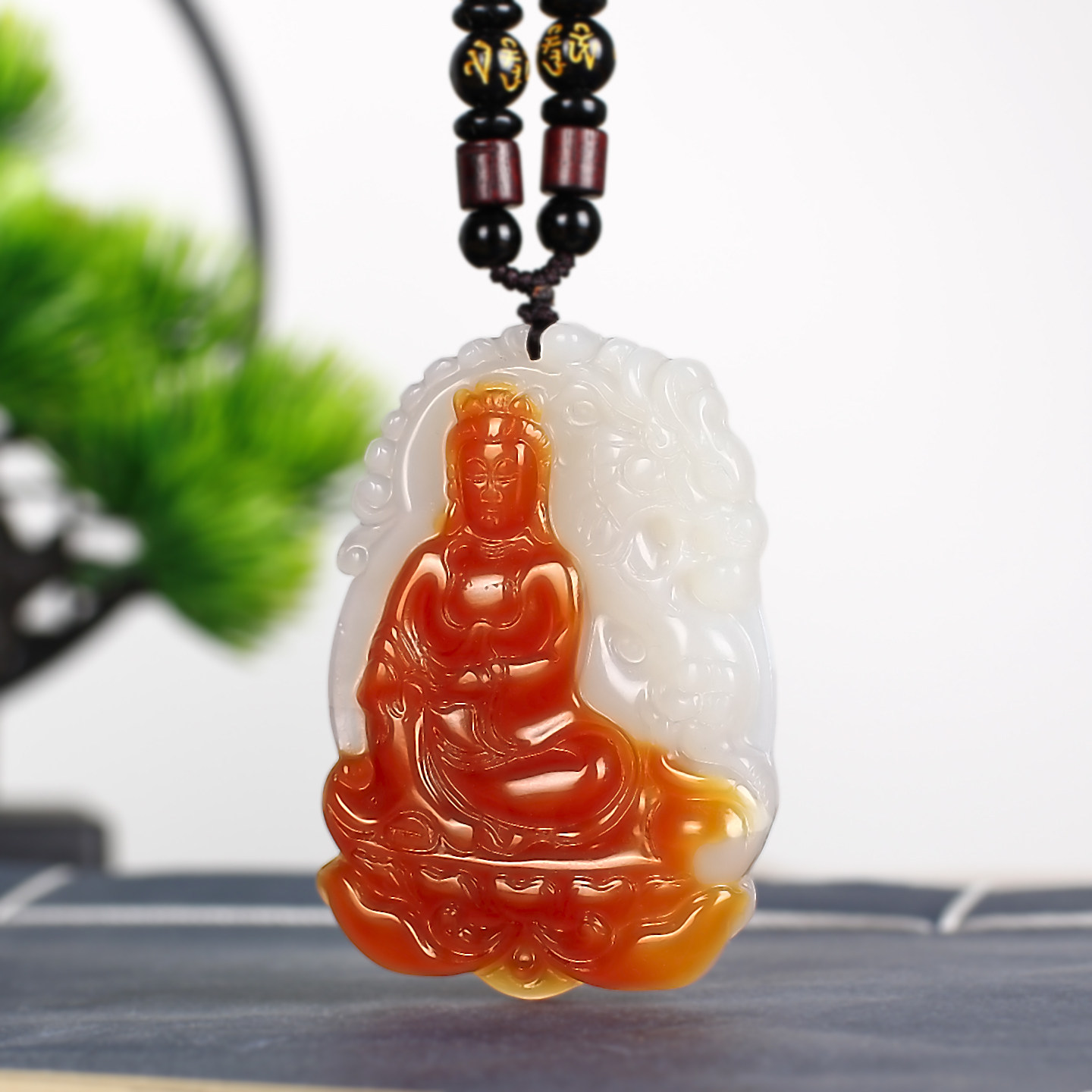 天然红玛瑙玉髓观音吊坠项链