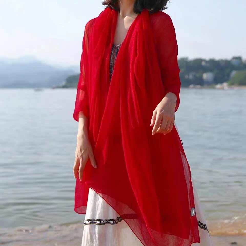 2025直播纱巾纯色大尺寸140*180沙滩巾四季可用抗皱大红丝巾围巾 - 故事伊人丝绸工坊出品