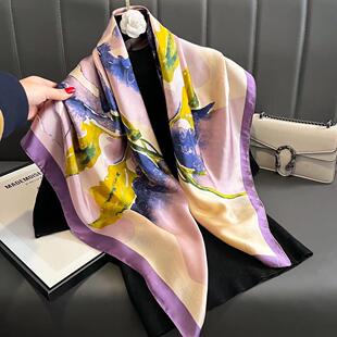 90X90大方巾丽锦缎丝巾春秋款洋气时尚百搭冬季高档围巾薄款披肩