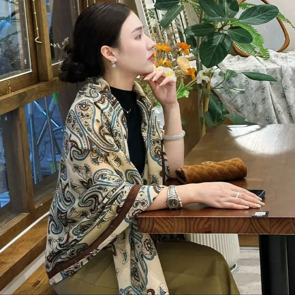 腰果花纹时尚百搭复古大气女披肩网红洋气休闲秋冬季长款丝巾围巾