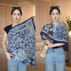 新款110*110天丝绵夏季防晒旅游大方巾透气遮阳时尚百搭复古蓝染