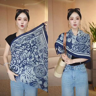 新款110*110天丝绵夏季防晒旅游大方巾透气遮阳时尚百搭复古蓝染