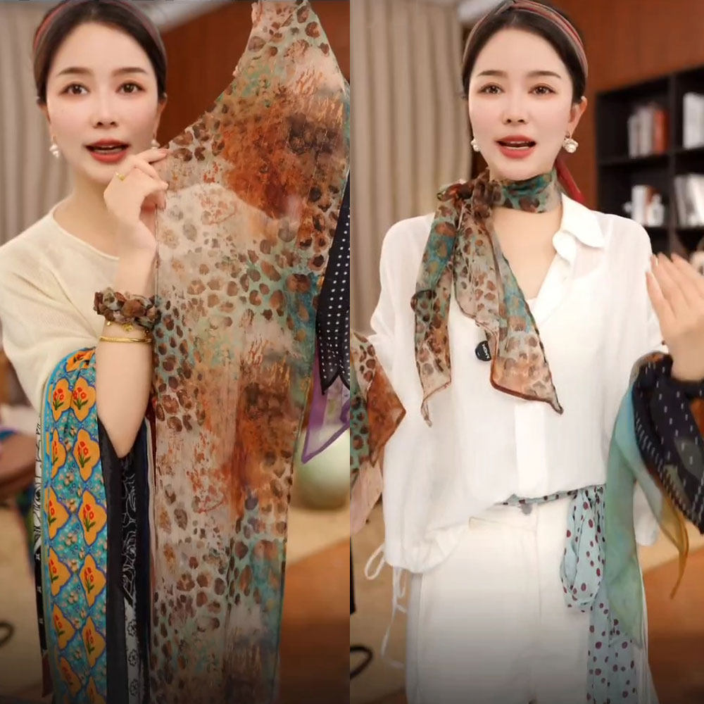 金丝彩豹搭裙子乔其纱百搭夏季防晒丝巾豹子女士飘带薄长方型披肩