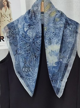 2025新款丝巾女薄款西丽纱方巾时尚百搭防晒披肩围巾蓝色福宝雨林