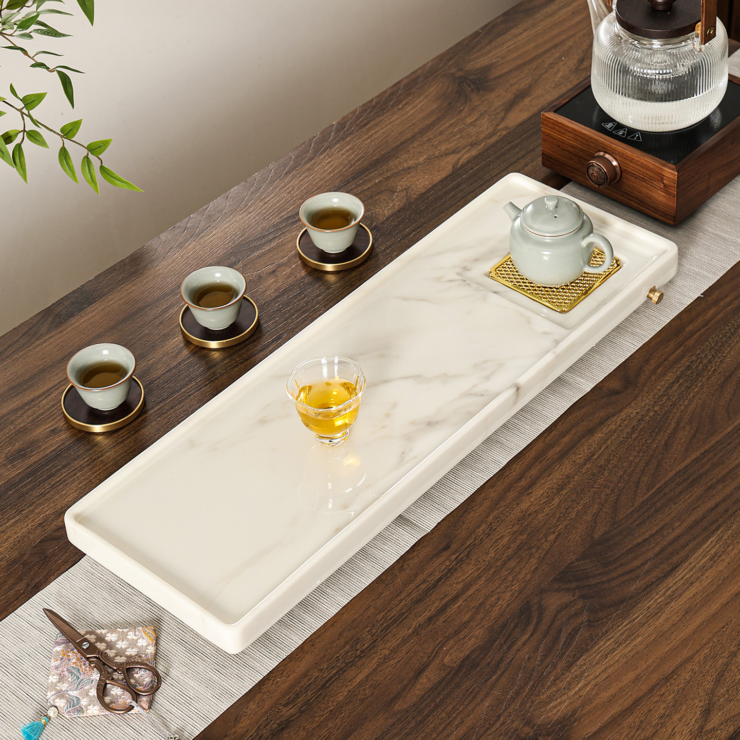 新中式高档精工石材茶台长方形家用办公茶盘轻奢现代高级感茶托盘
