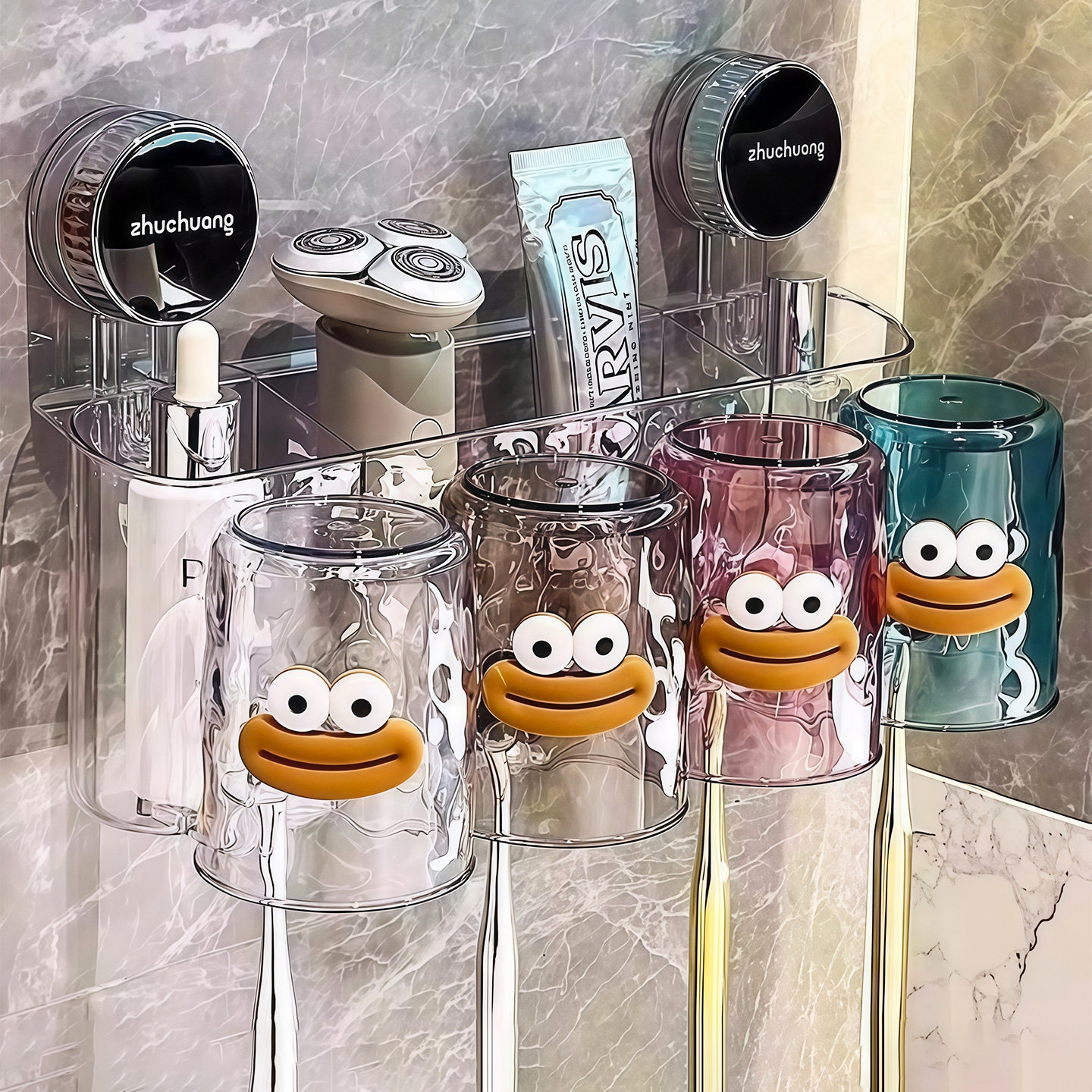 吸盘牙刷置物架高颜值壁挂式免打孔牙刷架新款卫生间刷牙杯漱口杯