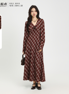 记忆的起点长袖连衣裙2025冬季新款时尚气质格纹长裙子69AD86650