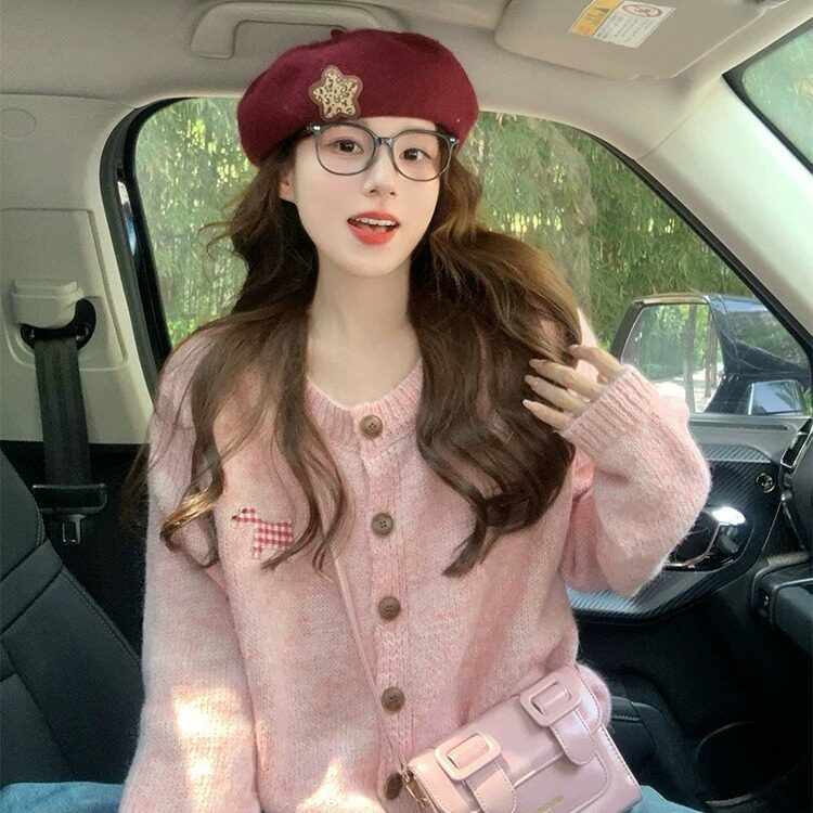 粉色小狗毛衣外套女秋冬2025新款卡通甜美软糯设计感宽松针织开衫
