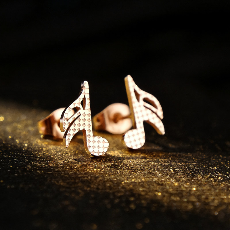 音符彩金耳钉女18k玫瑰金 高级感钛钢精致耳饰运动不掉色耳坠轻奢