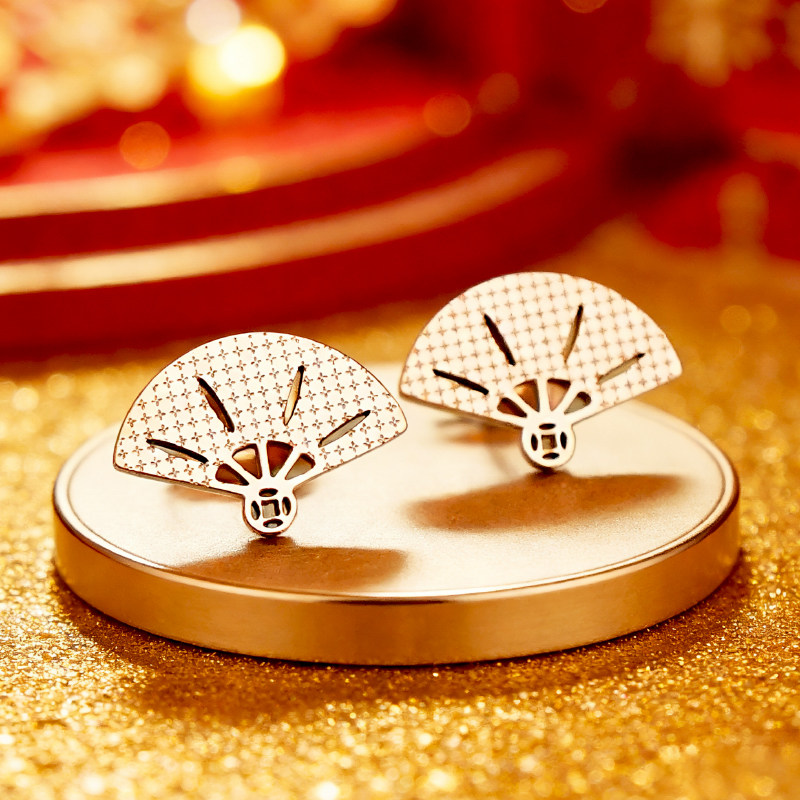 扇形彩金耳钉女 玄学玫瑰金耳坠不掉色耳饰18k招财钛钢高级感运动