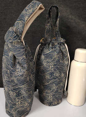 古旧布海浪纹纯棉布袋传家壶保护套抽绳束口收纳布包日式帆布杯套