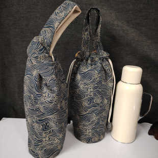 古旧布海浪纹纯棉布袋传家壶保护套抽绳束口收纳布包日式帆布杯套