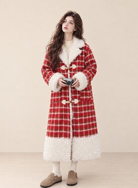 LUM 红色羊羔毛拼接格纹毛呢外套女冬季新款牛角扣中长款呢子大衣