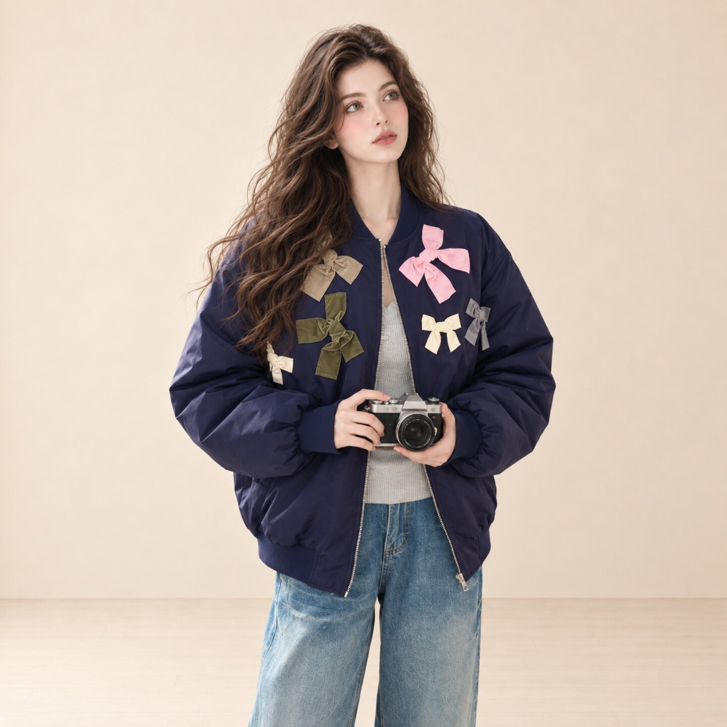 LUM 藏青色蝴蝶结棒球服短外套女秋季新款韩系休闲百搭夹克设计感
