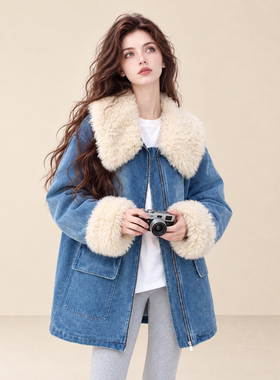 LUM 韩系羊羔毛翻领牛仔羽绒服女冬季超火中长款90白鸭绒派克外套
