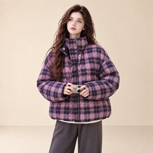 LUM 韩系立领短款粉色格子羽绒服女冬季90白鸭绒面包服两面穿外套