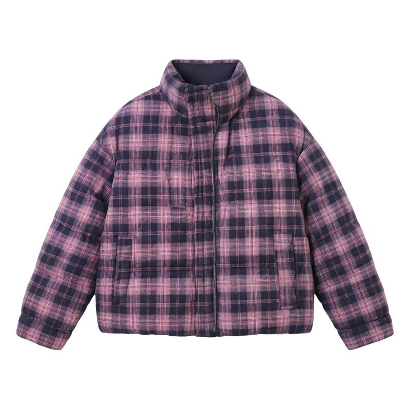 LUM 韩系立领短款粉色格子羽绒服女冬季90白鸭绒面包服两面穿外套
