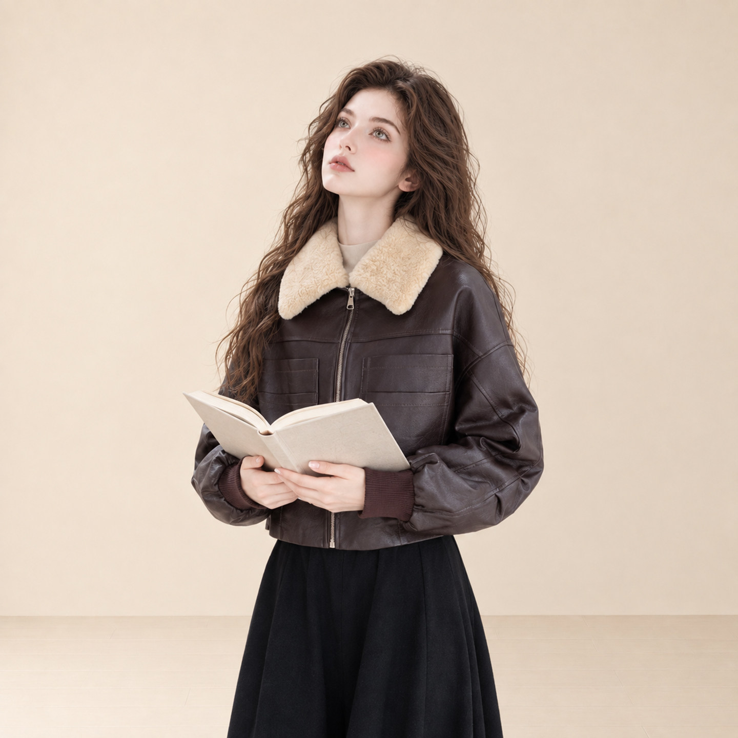LUM 美拉德咖色羊羔毛翻领皮衣羽绒服女冬季新款90白鸭绒夹克外套