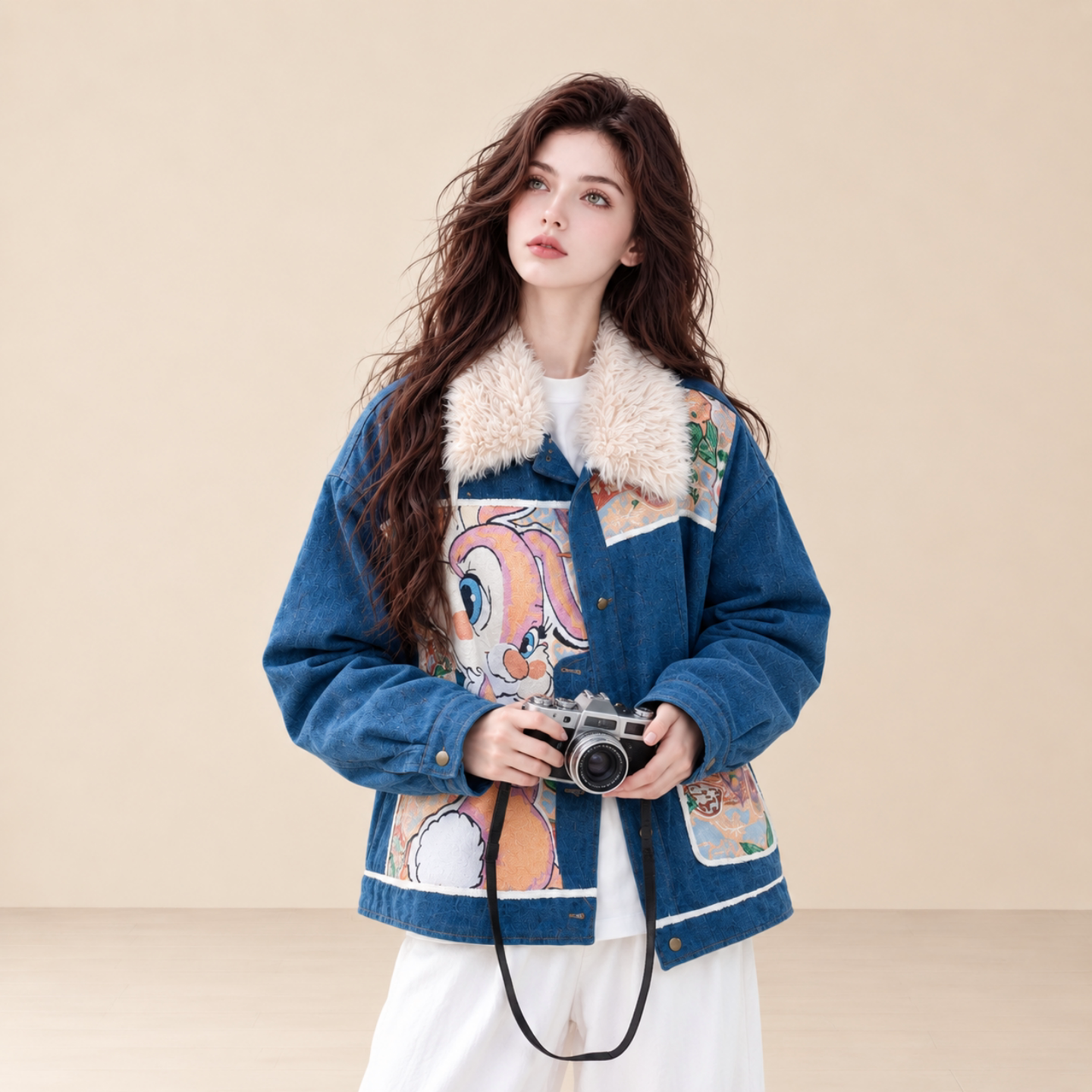 LUM 蓝色羊羔毛领卡通牛仔派克服女冬季2026新款加绒加厚棉服外套