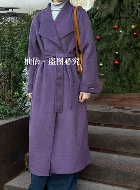 紫色双面呢大衣女长款2026春季新款韩版高端气质宽松羊毛呢子外套