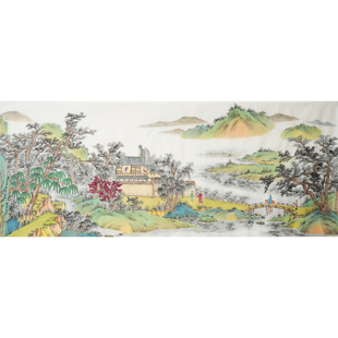 纯手绘仿古山水画宋元 客厅装 饰画无款 画0536 青绿工笔国画淡墨中式