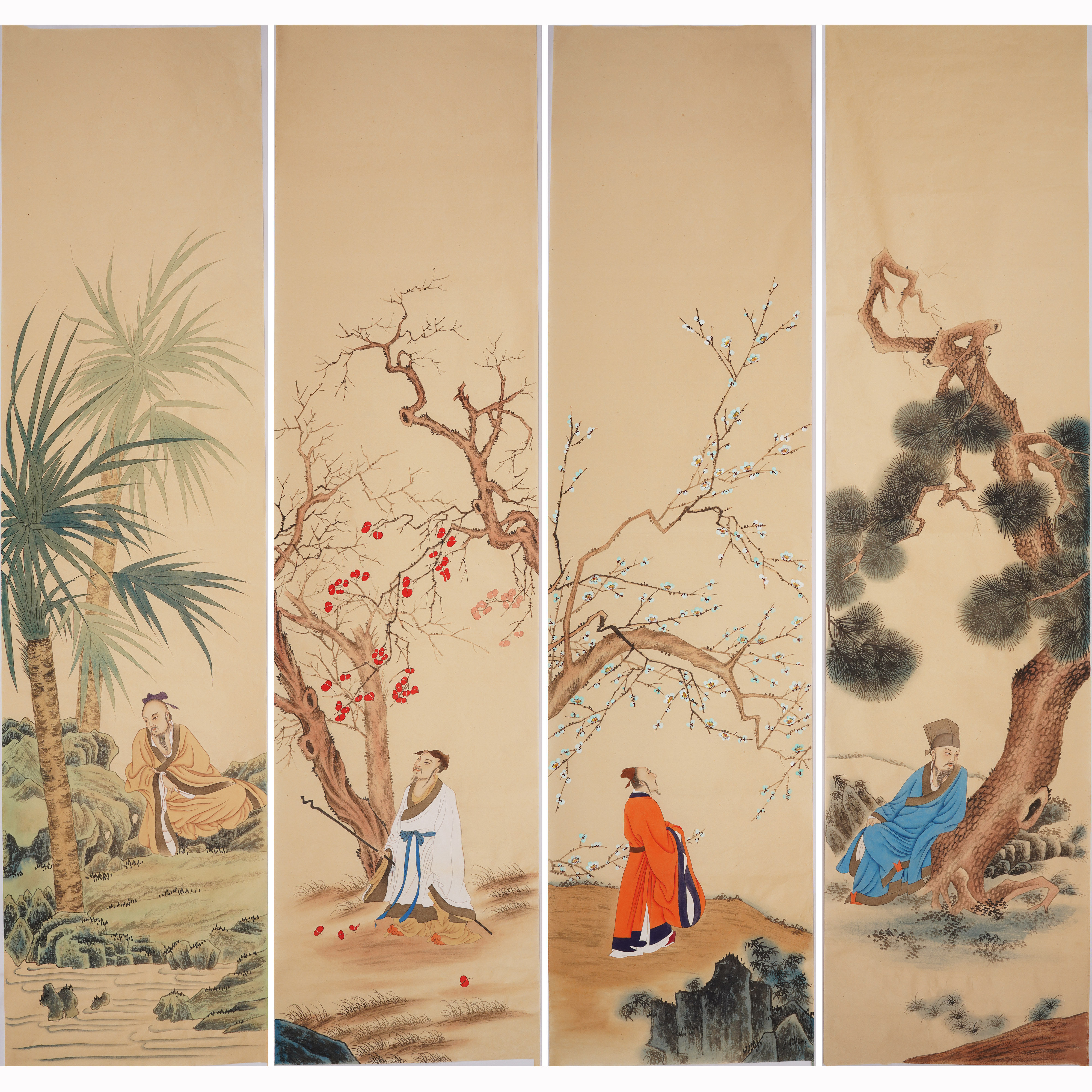 工笔画国画手绘四条屏春夏秋冬仿古人物老头字画无款画4738