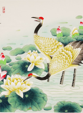 四尺斗方工笔花鸟画国画手工装饰画白鹭荷花仙鹤秦薇字画01666