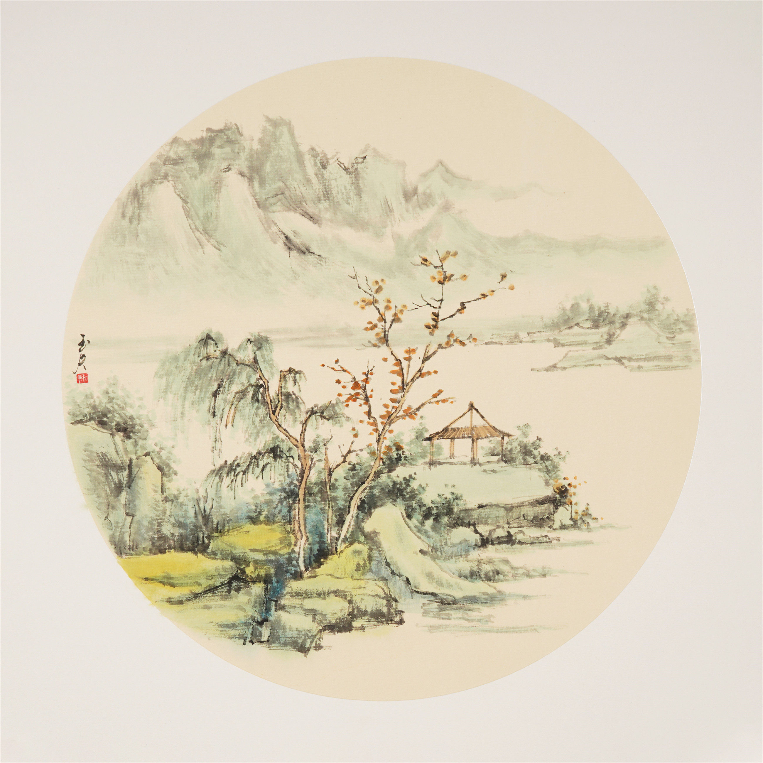 斗方山水画手绘已裱卡纸水墨画玄关客厅装饰画手工画石玉夫00005