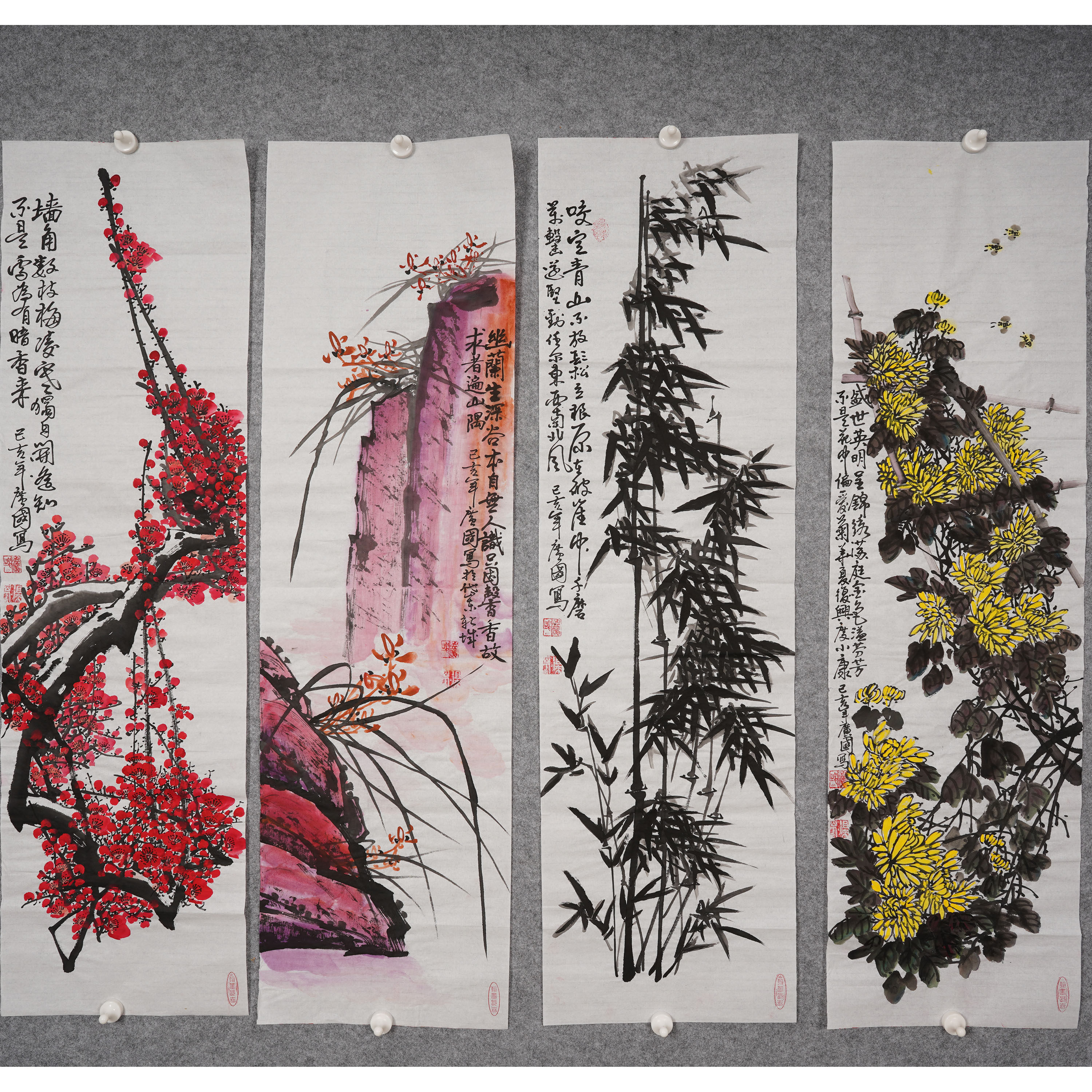 梅兰竹菊四扇屏国画梅花竹子兰花花鸟画君子之气装饰画孟广国字画