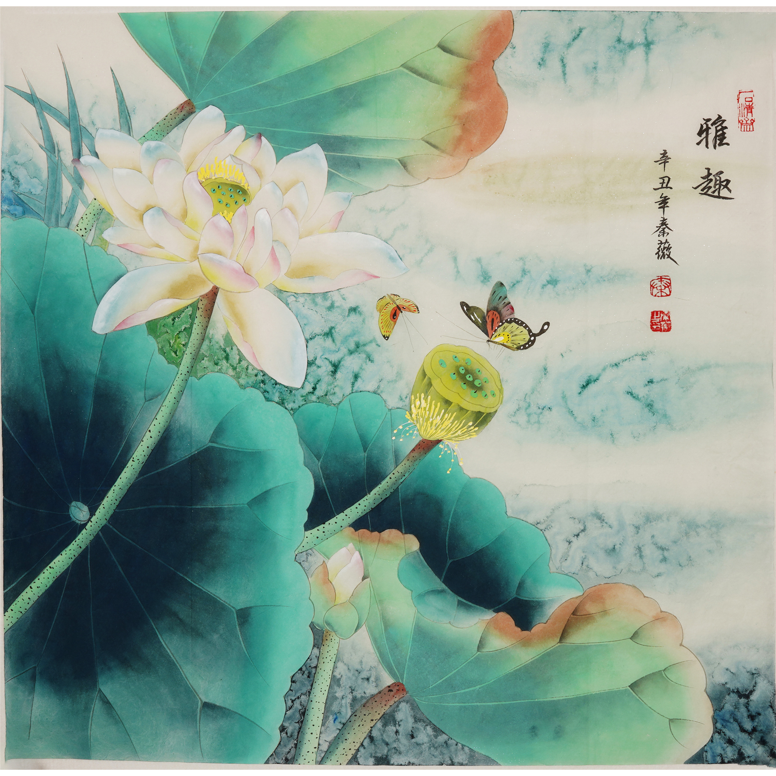 斗方荷花工笔画纯手绘国画客厅卧室入户装饰画荷趣秦薇字画0177图片